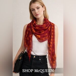Authentic Alexander McQueen Red & Orange Skull Silk Chiffon Scarf Iconic Design